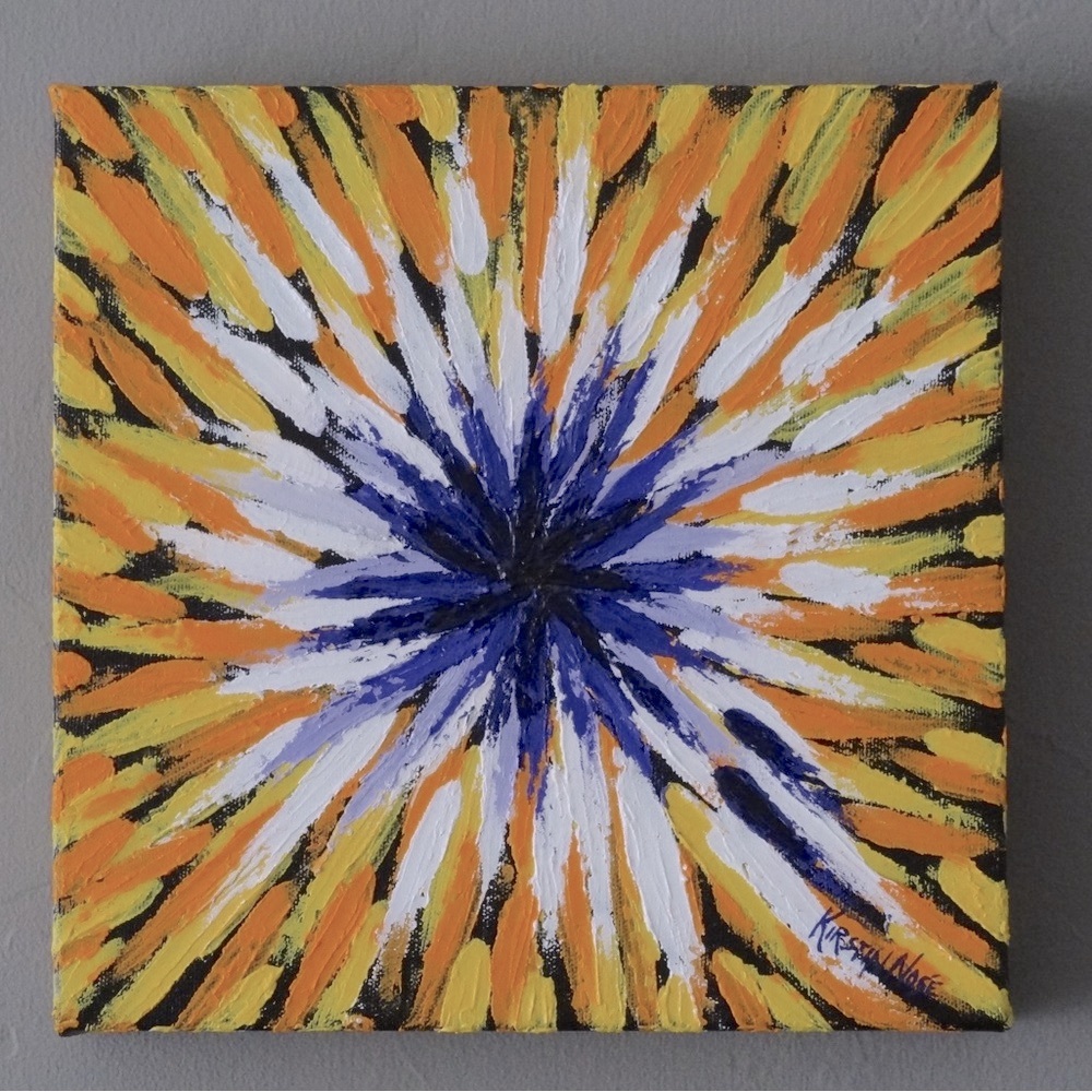 Original Abstract Burst Acrylic Canvas Art in Purple, Yellow, Orange and White